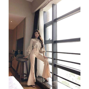 Planet Gates picture color / S Set Bow Puff Sleeve Blouses & High Waist Zippers Flare Pant OL Women Sets Casual Pant Suits Autumn 2018