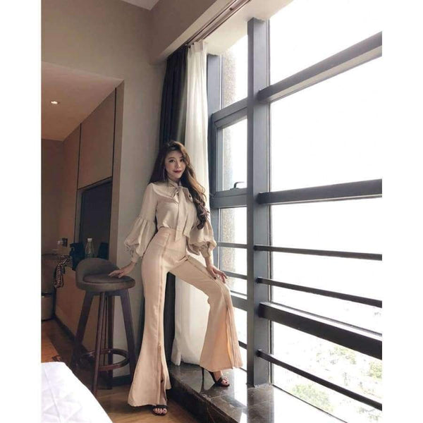Planet Gates picture color / S Set Bow Puff Sleeve Blouses & High Waist Zippers Flare Pant OL Women Sets Casual Pant Suits Autumn 2018