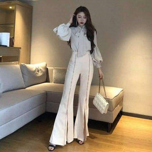 Planet Gates picture color / S Set Bow Puff Sleeve Blouses & High Waist Zippers Flare Pant OL Women Sets Casual Pant Suits Autumn 2018