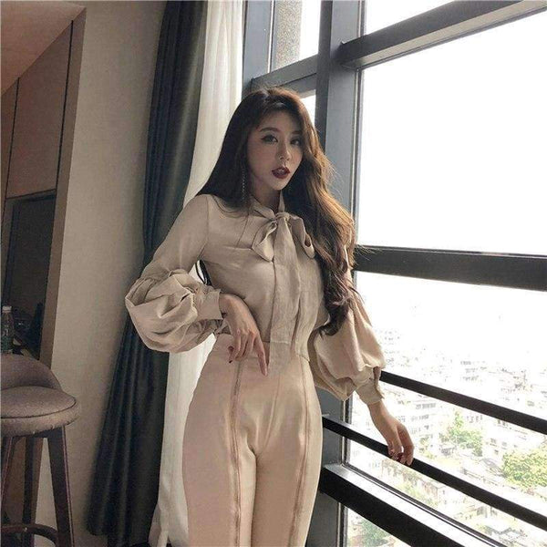 Planet Gates picture color / S Set Bow Puff Sleeve Blouses & High Waist Zippers Flare Pant OL Women Sets Casual Pant Suits Autumn 2018