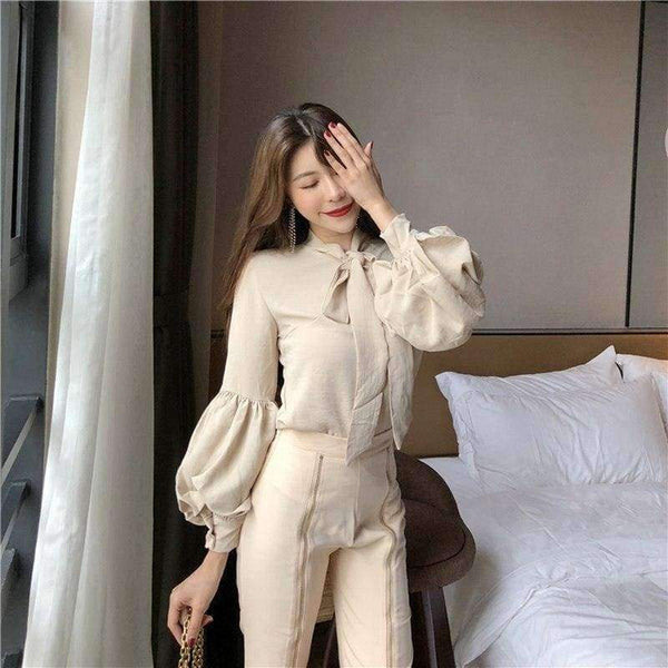 Planet Gates picture color / S Set Bow Puff Sleeve Blouses & High Waist Zippers Flare Pant OL Women Sets Casual Pant Suits Autumn 2018