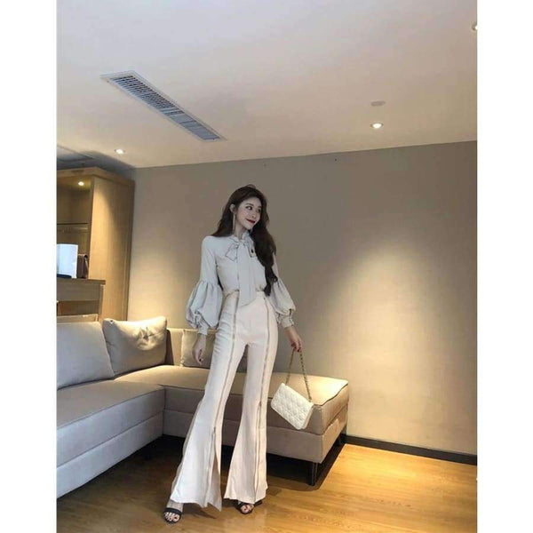 Planet Gates picture color / S Set Bow Puff Sleeve Blouses & High Waist Zippers Flare Pant OL Women Sets Casual Pant Suits Autumn 2018