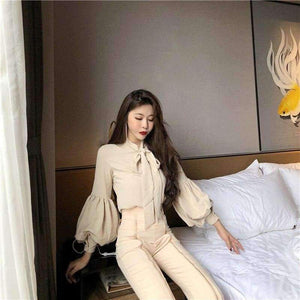 Planet Gates picture color / S Set Bow Puff Sleeve Blouses & High Waist Zippers Flare Pant OL Women Sets Casual Pant Suits Autumn 2018