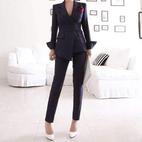 Planet Gates picture color / S Striped Pant Suits Single Breasted Blazer Jacket and Slim Pencil Pant 2 Pieces Set Female Wear to Business Suits