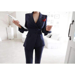 Planet Gates picture color / S Striped Pant Suits Single Breasted Blazer Jacket and Slim Pencil Pant 2 Pieces Set Female Wear to Business Suits