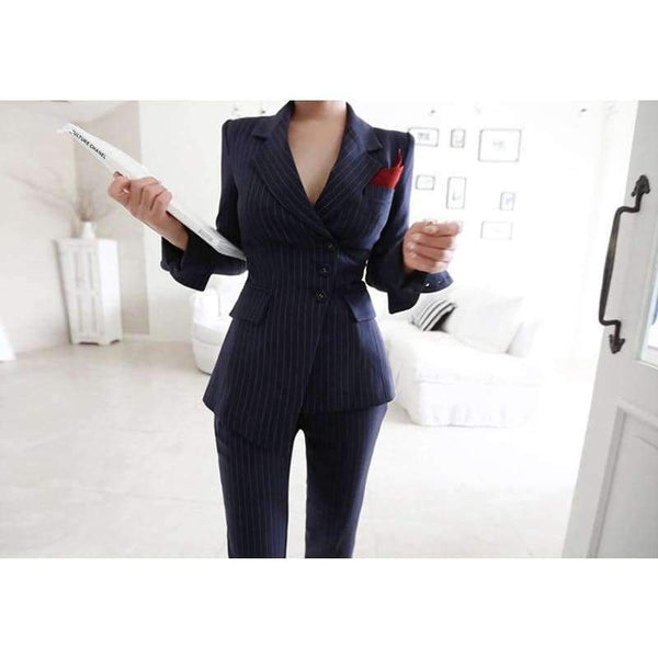 Planet Gates picture color / S Striped Pant Suits Single Breasted Blazer Jacket and Slim Pencil Pant 2 Pieces Set Female Wear to Business Suits