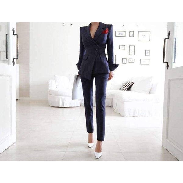 Planet Gates picture color / S Striped Pant Suits Single Breasted Blazer Jacket and Slim Pencil Pant 2 Pieces Set Female Wear to Business Suits