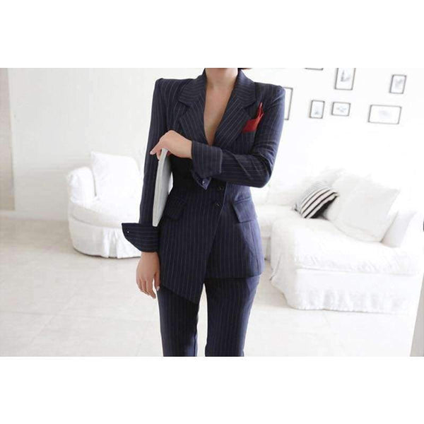 Planet Gates picture color / S Striped Pant Suits Single Breasted Blazer Jacket and Slim Pencil Pant 2 Pieces Set Female Wear to Business Suits