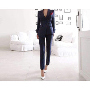 Planet Gates picture color / S Striped Pant Suits Single Breasted Blazer Jacket and Slim Pencil Pant 2 Pieces Set Female Wear to Business Suits