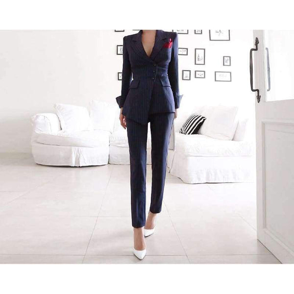 Planet Gates picture color / S Striped Pant Suits Single Breasted Blazer Jacket and Slim Pencil Pant 2 Pieces Set Female Wear to Business Suits