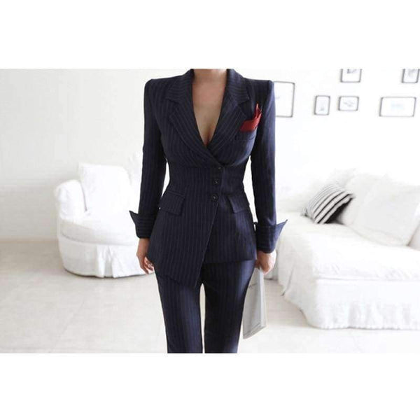Planet Gates picture color / S Striped Pant Suits Single Breasted Blazer Jacket and Slim Pencil Pant 2 Pieces Set Female Wear to Business Suits