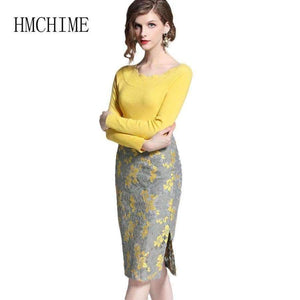 Planet Gates picture show / S Autumn Winter 2 Piece Women Sets Solid Long Sleeve Sweater Hollow Out Lace Zipper Fly Skirts Elegant Slim Female Suit