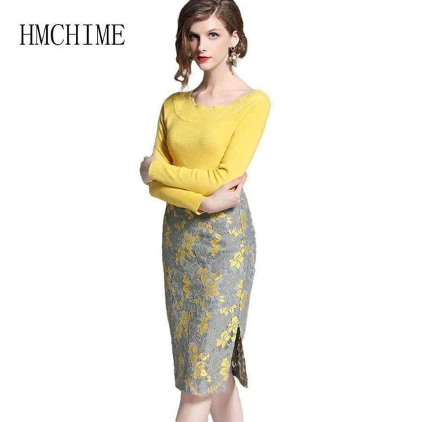 Planet Gates picture show / S Autumn Winter 2 Piece Women Sets Solid Long Sleeve Sweater Hollow Out Lace Zipper Fly Skirts Elegant Slim Female Suit
