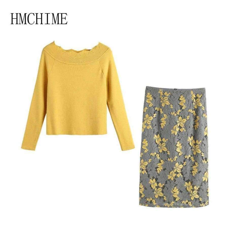 Planet Gates picture show / S Autumn Winter 2 Piece Women Sets Solid Long Sleeve Sweater Hollow Out Lace Zipper Fly Skirts Elegant Slim Female Suit