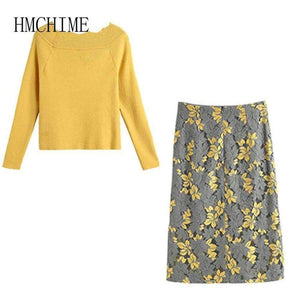 Planet Gates picture show / S Autumn Winter 2 Piece Women Sets Solid Long Sleeve Sweater Hollow Out Lace Zipper Fly Skirts Elegant Slim Female Suit