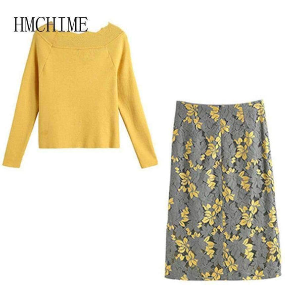 Planet Gates picture show / S Autumn Winter 2 Piece Women Sets Solid Long Sleeve Sweater Hollow Out Lace Zipper Fly Skirts Elegant Slim Female Suit