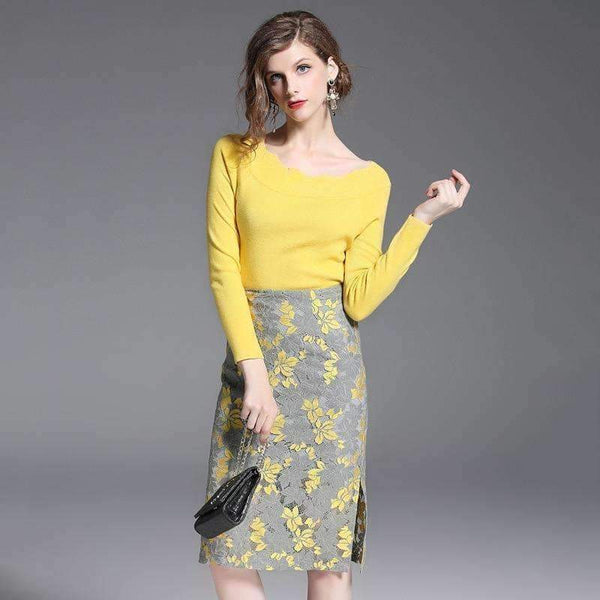 Planet Gates picture show / S Autumn Winter 2 Piece Women Sets Solid Long Sleeve Sweater Hollow Out Lace Zipper Fly Skirts Elegant Slim Female Suit