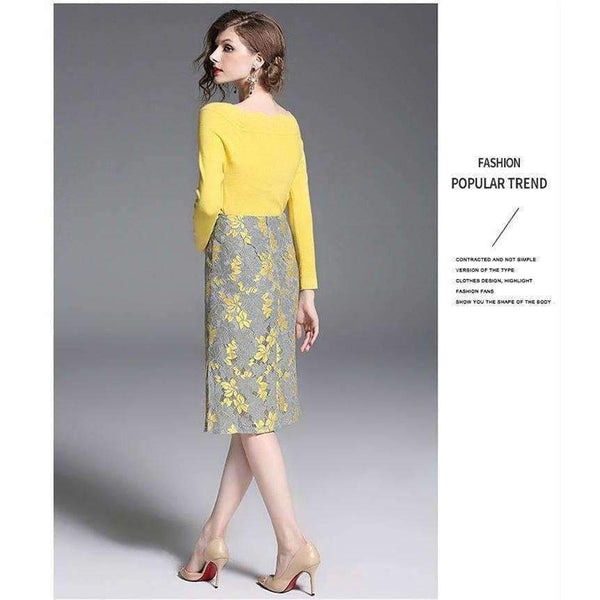 Planet Gates picture show / S Autumn Winter 2 Piece Women Sets Solid Long Sleeve Sweater Hollow Out Lace Zipper Fly Skirts Elegant Slim Female Suit