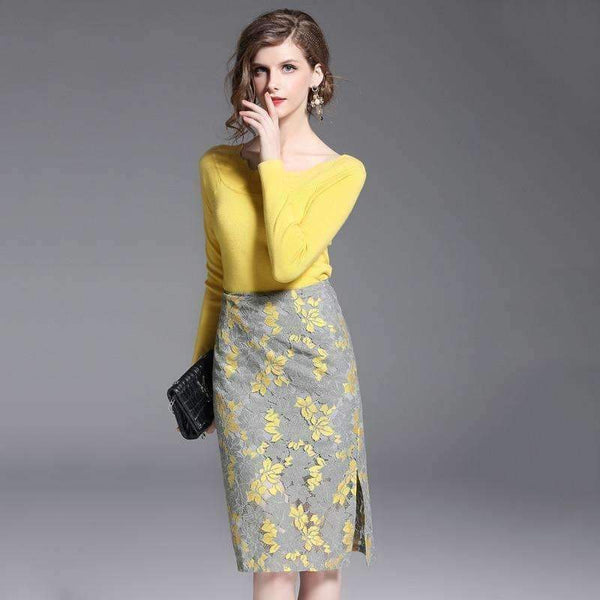 Planet Gates picture show / S Autumn Winter 2 Piece Women Sets Solid Long Sleeve Sweater Hollow Out Lace Zipper Fly Skirts Elegant Slim Female Suit