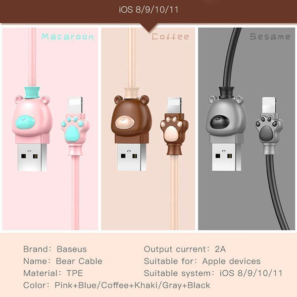 Baseus Cute Bear USB Cable For iPhone X 8 7 6 6s Plus 5 5s Mobile Phone Cable Fast Data Sync Charging For iPhone Charger Cable - Planet Gates