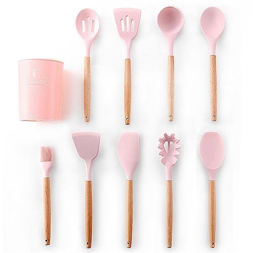 Planet Gates Pink 10pcs-B 9/10/12pcs Cooking Tools Set Premium Silicone Kitchen Cooking Utensils Set With Storage Box Turner Tongs Spatula Soup Spoon
