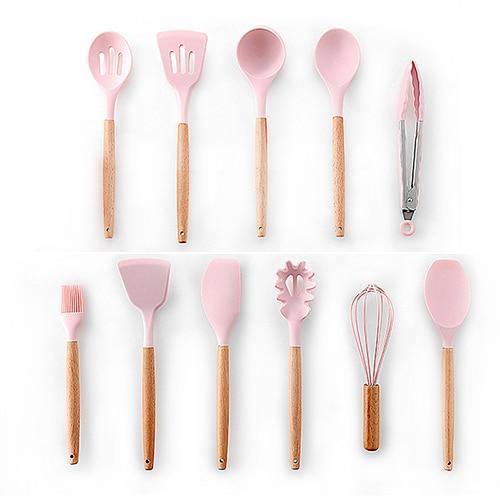 Planet Gates Pink 11pcs 9/10/12pcs Cooking Tools Set Premium Silicone Kitchen Cooking Utensils Set With Storage Box Turner Tongs Spatula Soup Spoon