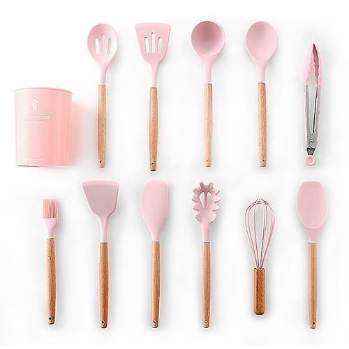 Planet Gates Pink 12pcs 9/10/12pcs Cooking Tools Set Premium Silicone Kitchen Cooking Utensils Set With Storage Box Turner Tongs Spatula Soup Spoon