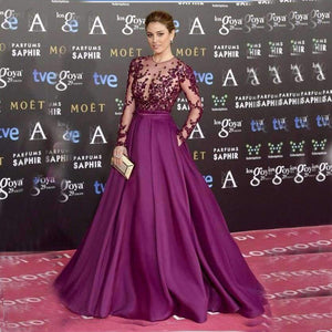 Planet Gates Pink / 18 Purple Long Sleeve Scoop Evening Gowns Woman Celebrity Dress Red Cerpet Dresses Satin A line Evening Dresses