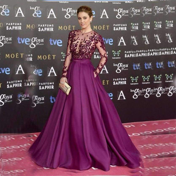 Planet Gates Pink / 18 Purple Long Sleeve Scoop Evening Gowns Woman Celebrity Dress Red Cerpet Dresses Satin A line Evening Dresses