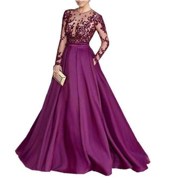 Planet Gates Pink / 18 Purple Long Sleeve Scoop Evening Gowns Woman Celebrity Dress Red Cerpet Dresses Satin A line Evening Dresses