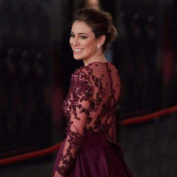 Planet Gates Pink / 18 Purple Long Sleeve Scoop Evening Gowns Woman Celebrity Dress Red Cerpet Dresses Satin A line Evening Dresses