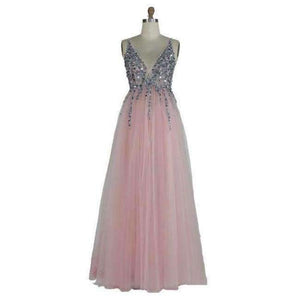 Planet Gates pink / 2 Gowm Spaghetti Strap Illusion Hand Work Beaded Train Long Prom Evening dress Deep V New OL103012