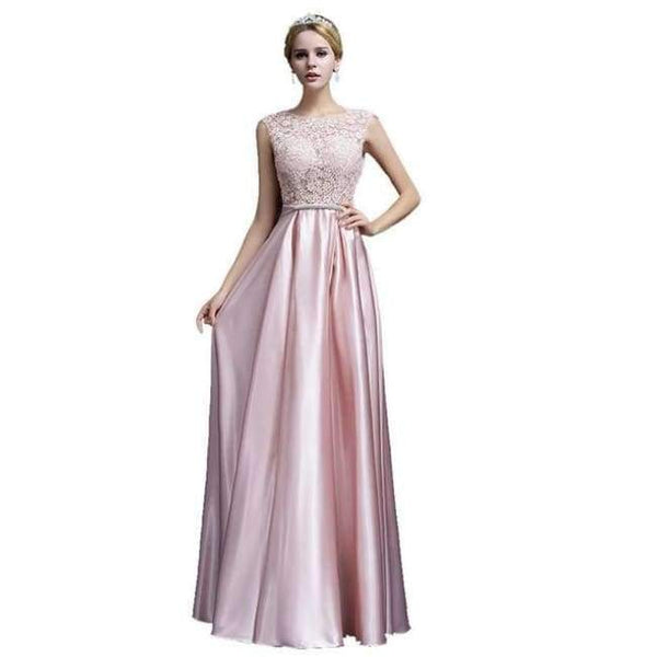 Planet Gates Pink / 2 Long Lace Dark Pink Evening Dresses 2018 A-line Floor-Length Formal Party Prom Dresses O-neck Sleeveless Bow