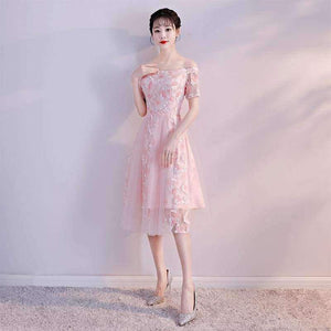 Planet Gates Pink / 2 New Pink Elegant Cocktail Dress Strapless Short Sleeves Appliques A-line Simple Knee-length Party Formal Vestidos