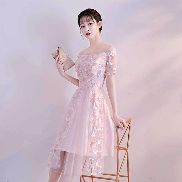 Planet Gates Pink / 2 New Pink Elegant Cocktail Dress Strapless Short Sleeves Appliques A-line Simple Knee-length Party Formal Vestidos