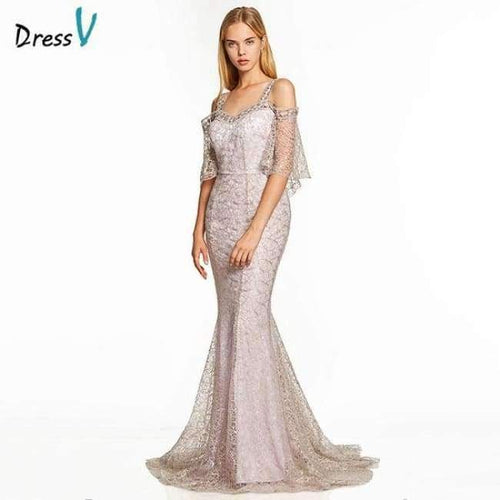 Planet Gates Pink / 2 Pink a line long evening dress backless cheap straps half sleeves wedding party formal dress lace evening dresses