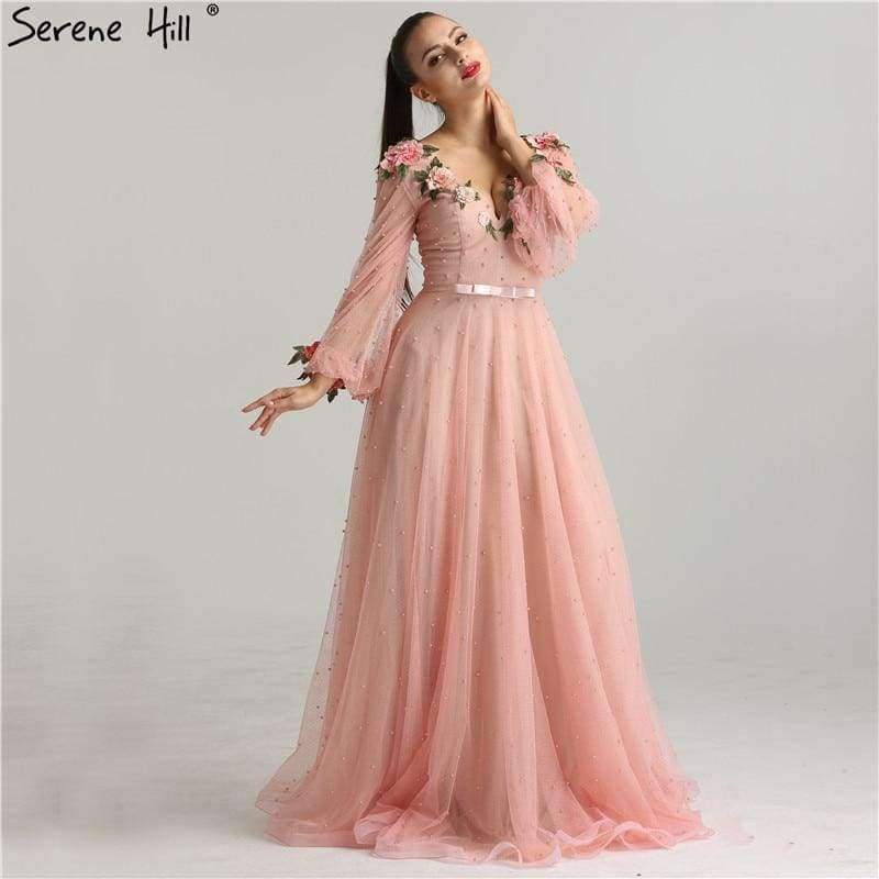 Planet Gates Pink / 2 Sexy Fashion  Lantern sleeve Peach  Pink Glitter  Pearls Flower  A-line Evening Dresses Fashion  Design Style   LA6342