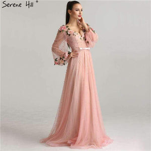Planet Gates Pink / 2 Sexy Fashion  Lantern sleeve Peach  Pink Glitter  Pearls Flower  A-line Evening Dresses Fashion  Design Style   LA6342
