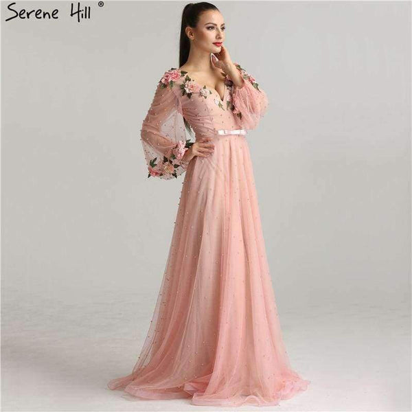 Planet Gates Pink / 2 Sexy Fashion  Lantern sleeve Peach  Pink Glitter  Pearls Flower  A-line Evening Dresses Fashion  Design Style   LA6342
