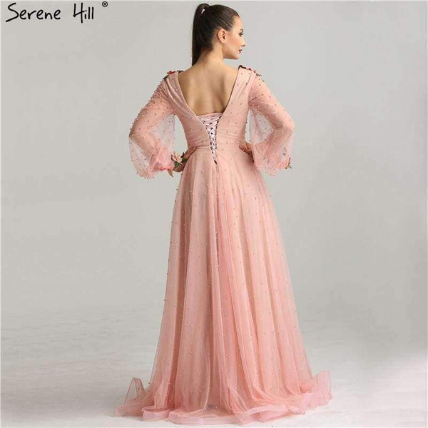 Sexy Fashion  Lantern sleeve Peach  Pink Glitter  Pearls Flower  A-line Evening Dresses Fashion  Design Style   LA6342