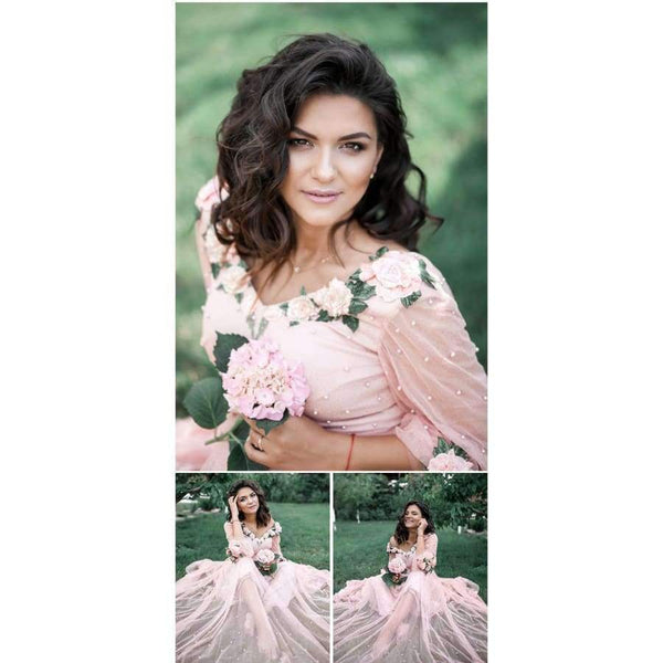 Planet Gates Pink / 2 Sexy Fashion  Lantern sleeve Peach  Pink Glitter  Pearls Flower  A-line Evening Dresses Fashion  Design Style   LA6342