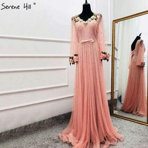 Planet Gates Pink / 2 Sexy Fashion  Lantern sleeve Peach  Pink Glitter  Pearls Flower  A-line Evening Dresses Fashion  Design Style   LA6342