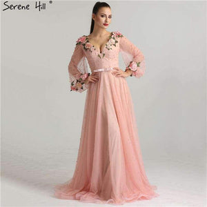 Planet Gates Pink / 2 Sexy Fashion  Lantern sleeve Peach  Pink Glitter  Pearls Flower  A-line Evening Dresses Fashion  Design Style   LA6342