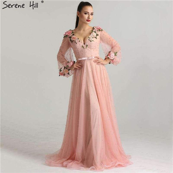 Planet Gates Pink / 2 Sexy Fashion  Lantern sleeve Peach  Pink Glitter  Pearls Flower  A-line Evening Dresses Fashion  Design Style   LA6342