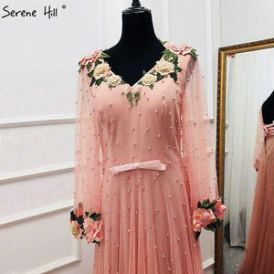 Planet Gates Pink / 2 Sexy Fashion  Lantern sleeve Peach  Pink Glitter  Pearls Flower  A-line Evening Dresses Fashion  Design Style   LA6342