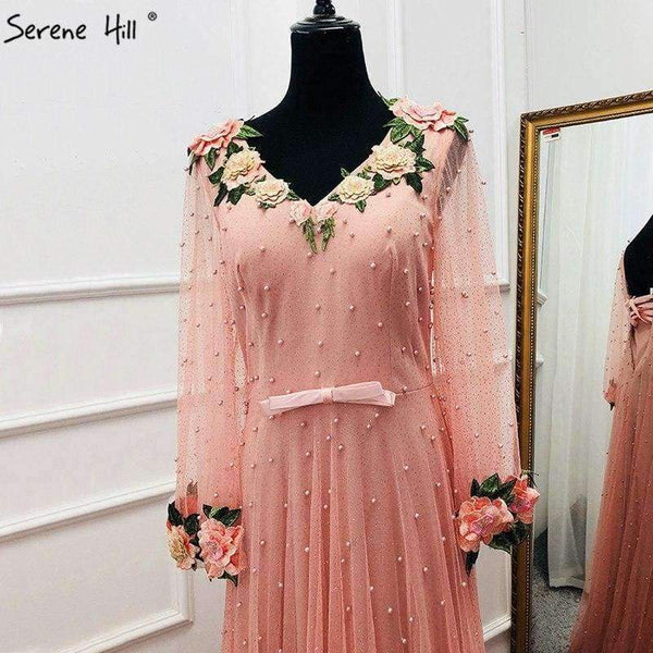 Planet Gates Pink / 2 Sexy Fashion  Lantern sleeve Peach  Pink Glitter  Pearls Flower  A-line Evening Dresses Fashion  Design Style   LA6342