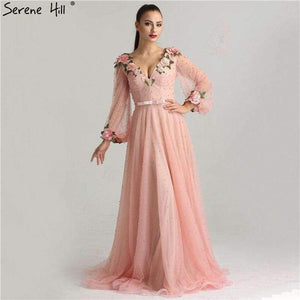 Planet Gates Pink / 2 Sexy Fashion  Lantern sleeve Peach  Pink Glitter  Pearls Flower  A-line Evening Dresses Fashion  Design Style   LA6342