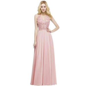 Planet Gates pink / 2 Sexy V Neck Pink Lace Chiffon Long Evening Dress 2018 Elegant Sleeveless Evening Gowns with Pearls Abendkleid