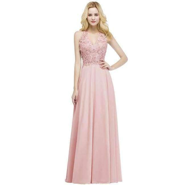 Planet Gates pink / 2 Sexy V Neck Pink Lace Chiffon Long Evening Dress 2018 Elegant Sleeveless Evening Gowns with Pearls Abendkleid