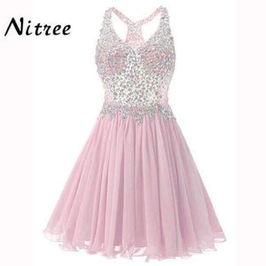 Planet Gates Pink / 2 V Neck Short Cocktail Dresses Chiffon Pleat Ruffles Beaded Crystal Rhinestone Formal Party Dress Real Picture